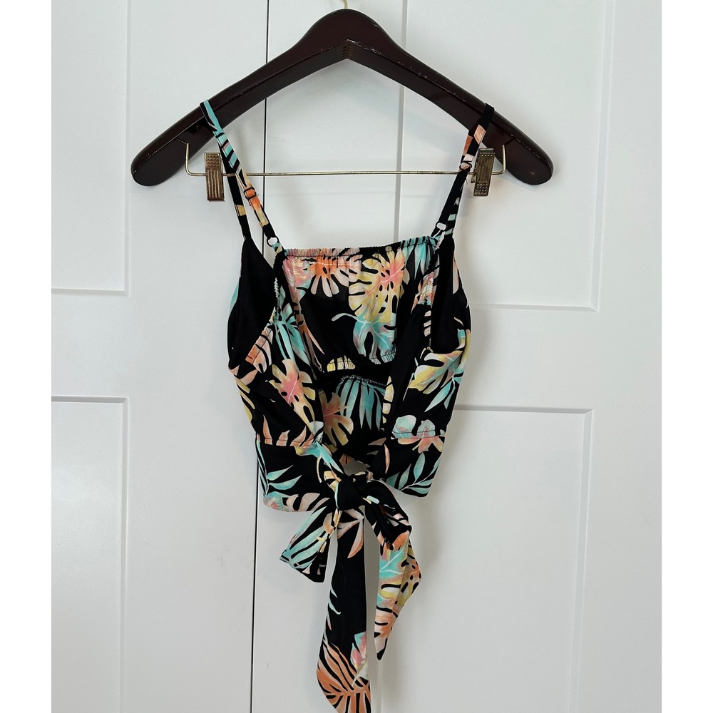 Madden NYC Womens Tropical Floral Front Tie Crop Top Black Large Smocked Back